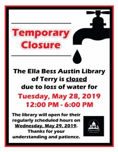 Flyer for AUstin Library closure with silhouette of dripping faucet on top right