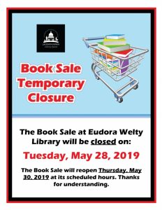 Book sale closure flyer. Illustration of shopping cart with books on top right.