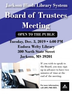 board of trustees flyer with blue diagonal stripes and picture of conference table and chairs