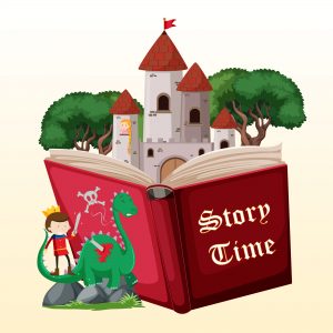 castle, dragon and red book with the words story time on the front and a white to pale yellow background