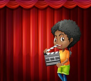 illustration of African American boy holding a movie clapboard in front of a red curtain
