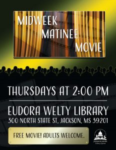 midweek matinee movie flyer with green to black background, black silhouette of audience and movie screen with gold curtains