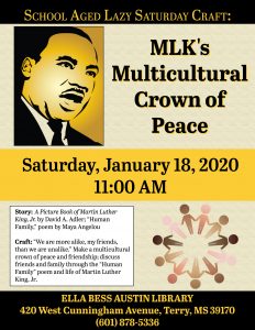 gold and black flyer with illustrations of Martin Luther King Jr and circle of multicultural children silhouettes