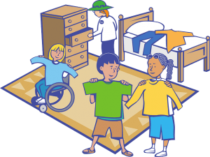 illustration of children in a bedroom selecting clothes to wear