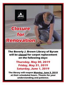 Brown Library closure flyer with picture of man on knees measuring and cutting carpet