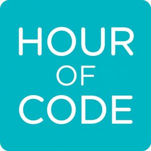 hour of code aqua blue logo with white letters