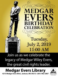 Medgar Evers Birthday Celebration gold and black flyer with Medgar Evers statue