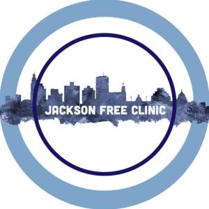 Jackson Free Clinic Logo - blue out and inner circles with silhouette of cityscape