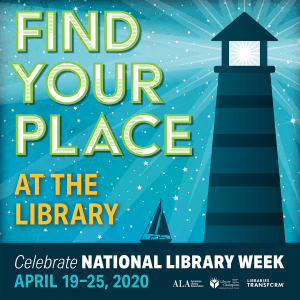 national library week graphic with illustration of lighthouse on right side and evening sky with stars