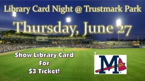 Library Card Night graphic with Mississippi Braves log and baseball stadium background