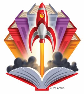 illustration of rocket launching from open book