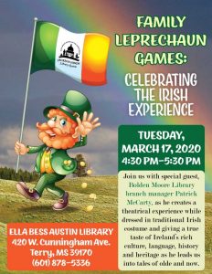 Flyer with leprechaun walking across a meadow holding a flag and dropping coins. Rainbow in the background.