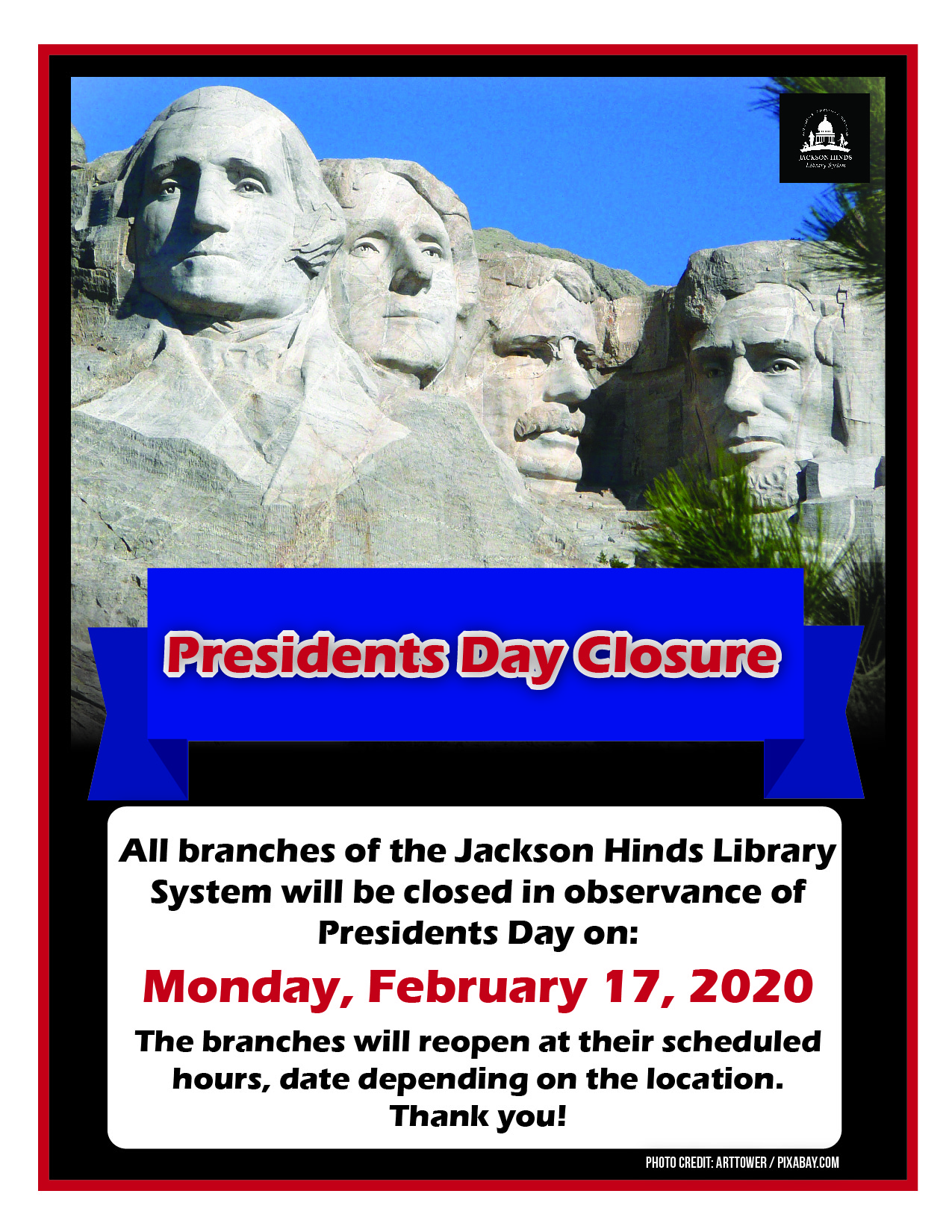 JHLS Libraries Closed for Presidents Day on February 17, 2020 | Jackson