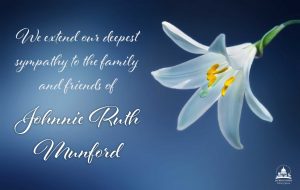 White lily on blue background on left with white JHLS logo underneath. On left, text reads We extend our deepest sympathy the the family and friends of Johnnie Ruth Monford.