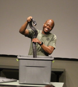 African American man with khaki T-shirt smiling and removing a black snake from a plastic gray container.