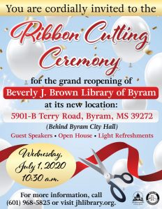 Byram Ribbon Cutting Flyer with scissors cutting red ribbon, gold confetti and white balloons on a sky blue background.
