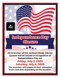 Independence Day Closure 2020 Flyer, red text blue banner with U.S. flag