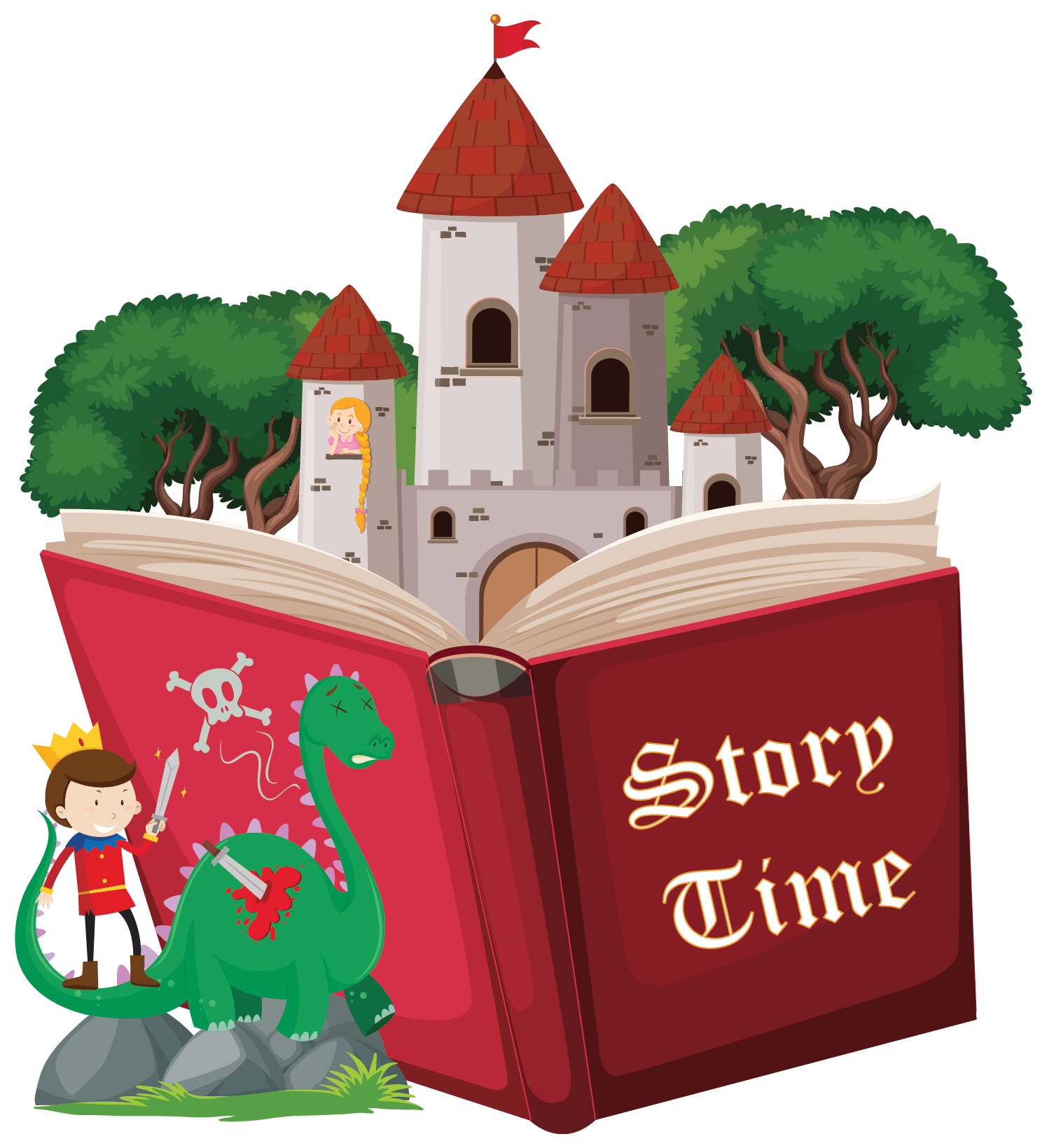 castle, dragon and red book with the words story time on the front