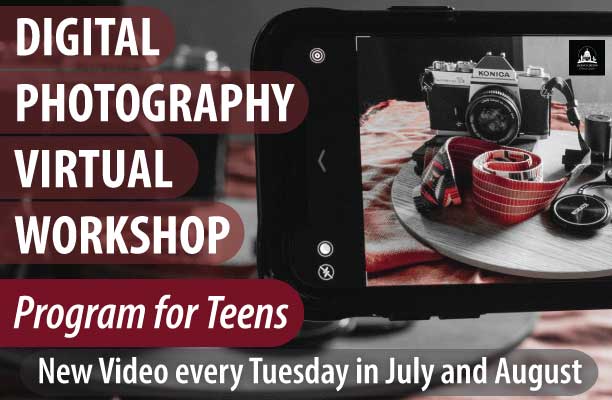 Digital Photography Workshop Flyer with picture of digital camera screen showing camera equipment on a wooden tray that is on a cloth.