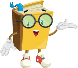 book cartoon character with glasses, red and white tennis shoes and blue bookmark
