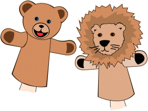 illustration of teddy bear and lion puppets
