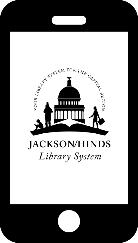 black smartphone with black Jackson Hinds Library System logo on screen