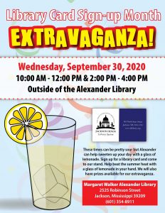 flyer with confetti, glass of lemonade and library card