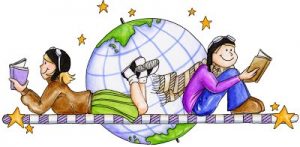 Illustration of two Caucasian children reading next to a globe and smiling.