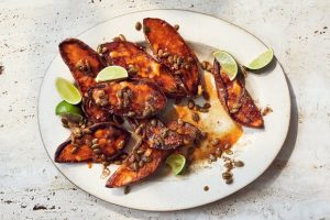 Charred Sweet Potatoes with Hot Honey Butter and Lime