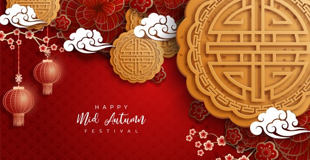 happy mid-autumn festival graphic with red background, lanterns, flowers and mooncakes