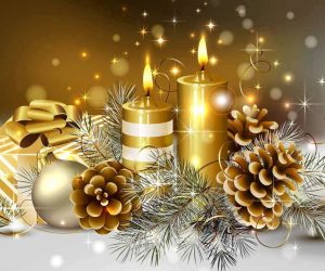 Christmas decorations: gold and white horizontal striped candle and gold candle with pine branches, pine cones and a gold and white streped gift with a gold bow. Gold backdrop and silver surface. Sparkly foreground.