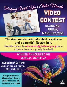 flyer with image of African American father and son pretending to perform in living room. Illustration of multicolor microphone with musical scale and notes at bottom right. Purple background.