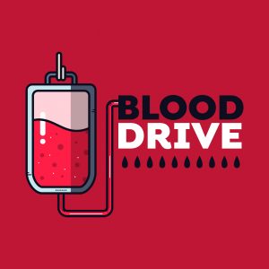 illustration of blood in IV collection bag with the words BLOOD DRIVE on the right. Red background.