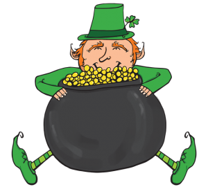 illustration of smiling leprechaun with large pot of goal