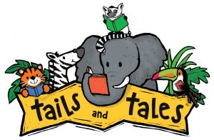 Tails and Tales logo with animals reading books.