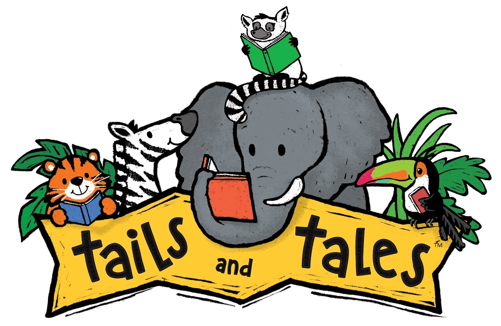 Tailes and Tales logo with animals reading books.