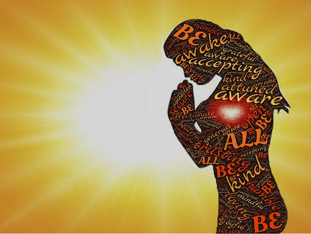 silhouette with word cloud overlay of woman praying