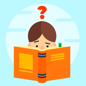 illustration of boy reading  book with a red question mark above his head
