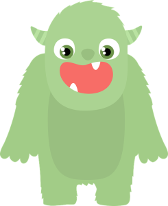 illustration of smiling monster with green fur and horns
