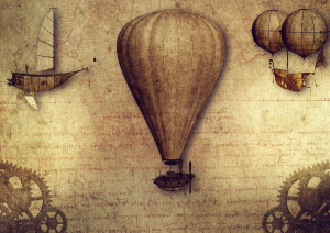 historical aviation illustration with hot air balloon and airplane concepts