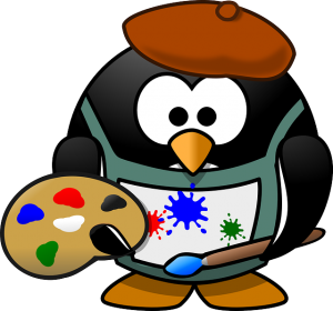 illustration of penguin in painter costume holding palette and brush