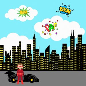 Illustration of superhero in red suit and mask in front of black sports car. Cityscape background. Comic book words boom, paf and bam in the sky with clouds.