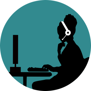 silhouette of woman sitting at desk in front of computer wearing white headset. Teal circle background.