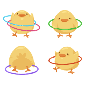 illustration of four baby chicks playing with hula hoops
