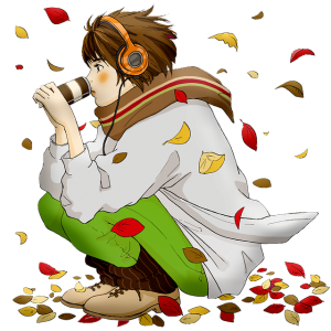 anime illustration of Caucasian man crouched down while sipping coffee, and wearing headphones and a scarf.. Autumn leaves falling in foreground.