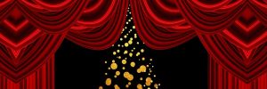 illustration of the top part of a Christmas tree in front of opened red theater curtains
