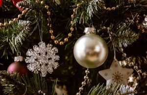 closeup of Christmas tree ornaments