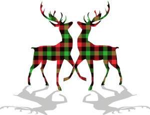 red, green, and black silhouettes of two reindeer facing each other while ooking upward and one front leg raised. White background with shadows.