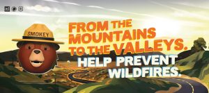 Face of Smokey the Bear smiling to the left. Text on right reads, Frm the mountains to the valleys. Help prevent wildfires. Background of winding road through hilly landscape.