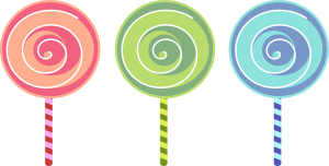illustration of a row of three striped lollipops with dominant colors of red, green, and blue